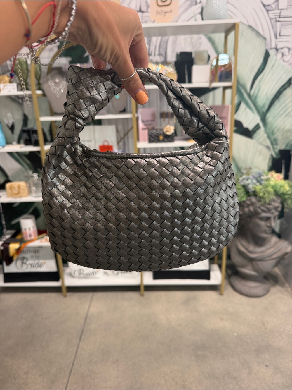 Woven Metallic Gray Shoulder Bag